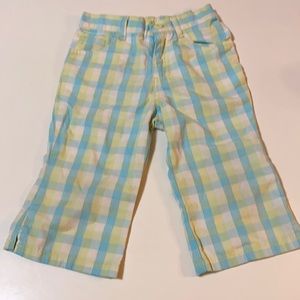 Sky Blue, Lime, White Checker Striped Capri Shorts